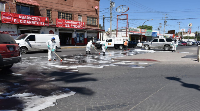 Nogales Mexico border streets and avenues get sanitized by local health authorities. The Border Reports