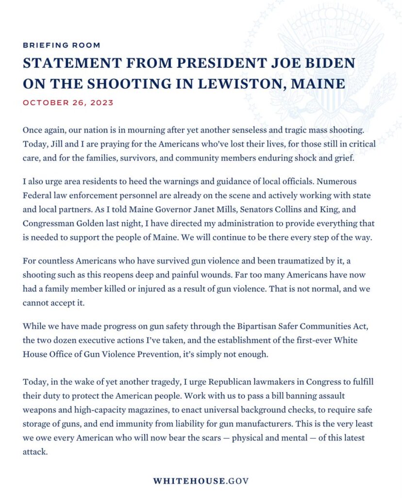 Declaratoria del Presidente Joe Biden sobre el tiroteo masivo en Maine.