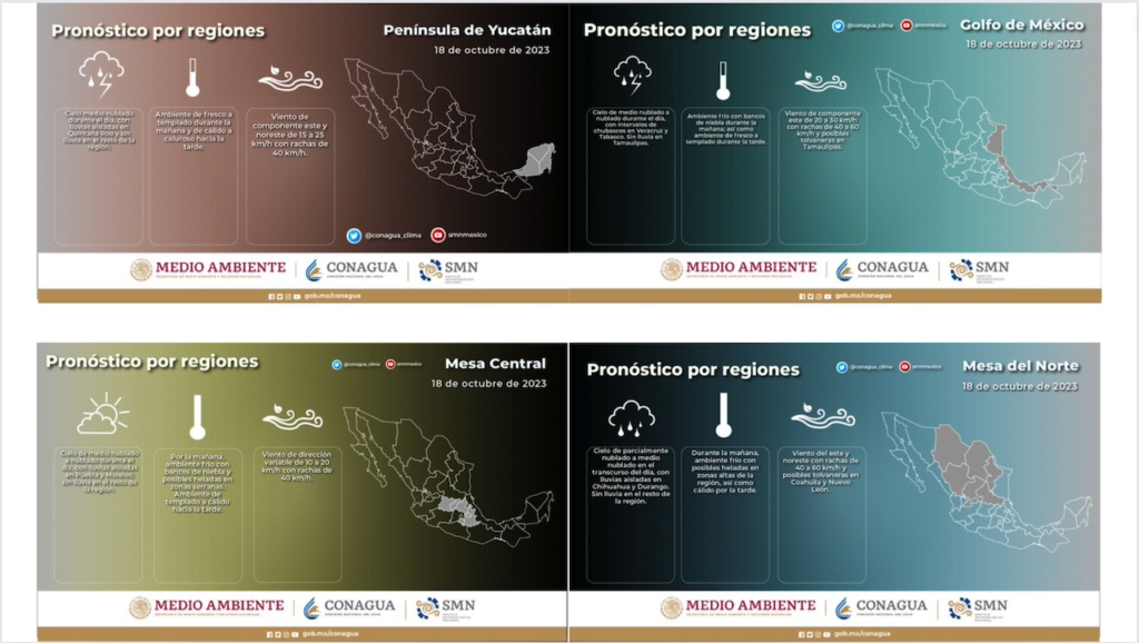 Pronóstico por regiones de hoy miércoles 18 de octubre de 2023.