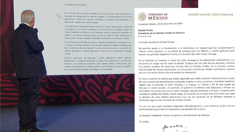 AMLO muestra cartas a Trump y Biden en las que abogaba a favor de Julian Assange, fundador de Wikileaks.