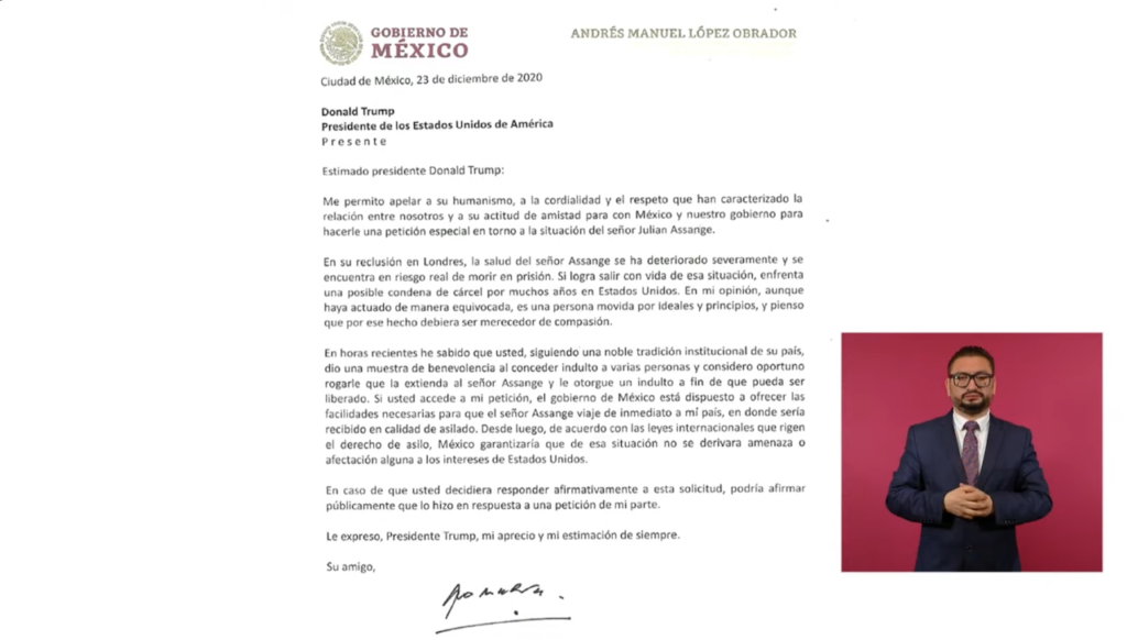 Carta de AMLO a Donald Trump abogando por la liberación de Julian Assange.