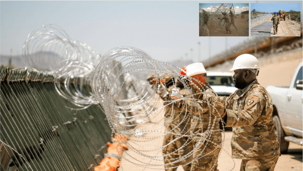 Texas refuerza muro con alambre navaja en el Río Bravo. (Pic Texas Military Department)