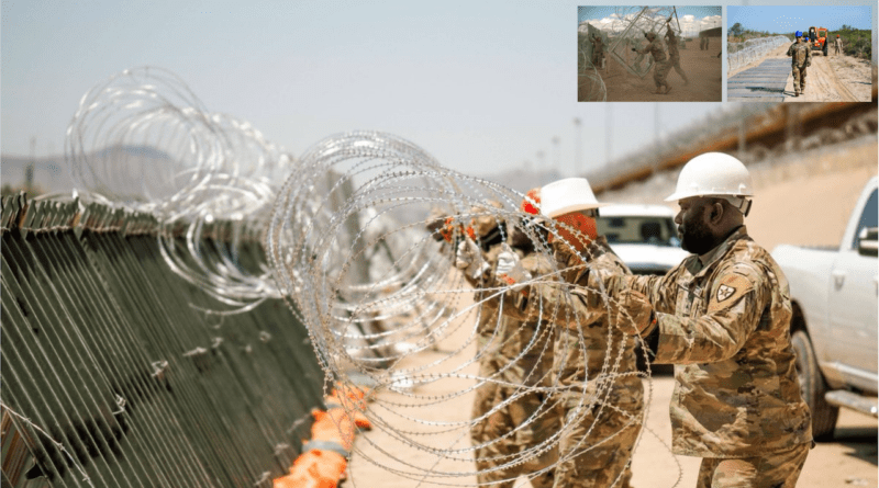 Texas refuerza muro con alambre navaja en el Río Bravo. (Pic Texas Military Department)