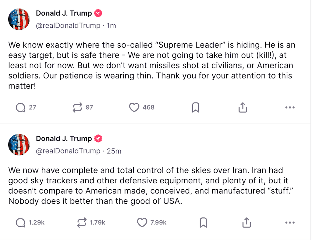 Trump advierte a líder supremo iraní. (Pic Truth Social).