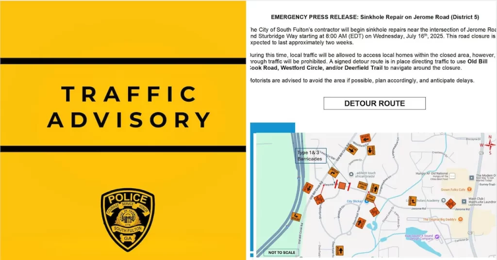 Cierran calles por hundimiento en Jerome Road, Atlanta📸 APD/The Border Reports