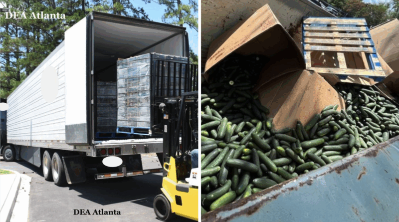 Incautan más de 700 libras de metanfetaminas ocultas en cajas de pepinos en un trailer; hispanos son detenidos. 📸 DEA ATLANTA-The Border Reports