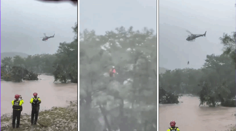 Inundaciones en Texas por lluvias extremas, desbordan el Río Guadalupe y provocan al menos 24 muertes; hay 23 niñas desaparecidas. 📸 Texas Gov.-The Border Reports