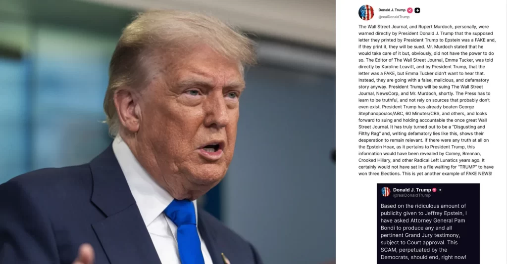 Trump niega carta a Epstein y anuncia demanda contra Wall Street Journal.📸 WH/The Border Reports