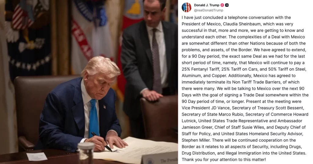 Trump pausa 90 días los aranceles a México tras llamada con Sheinbaum.📸 WH-TrumpTS-The Border Reports