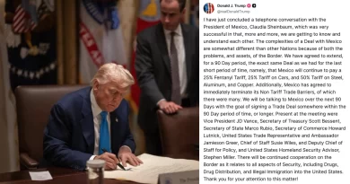 Trump pausa 90 días los aranceles a México tras llamada con Sheinbaum.📸 WH-TrumpTS-The Border Reports