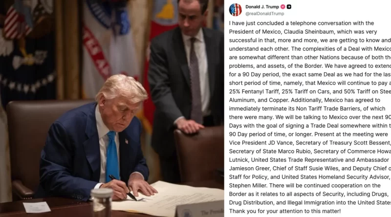 Trump pausa 90 días los aranceles a México tras llamada con Sheinbaum.📸 WH-TrumpTS-The Border Reports