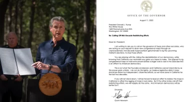 Gavin Newsom, gobernador de California, confronta a Trump por gerrymandering en estados republicanos.📸 Gavin Newsom-The Border Reports