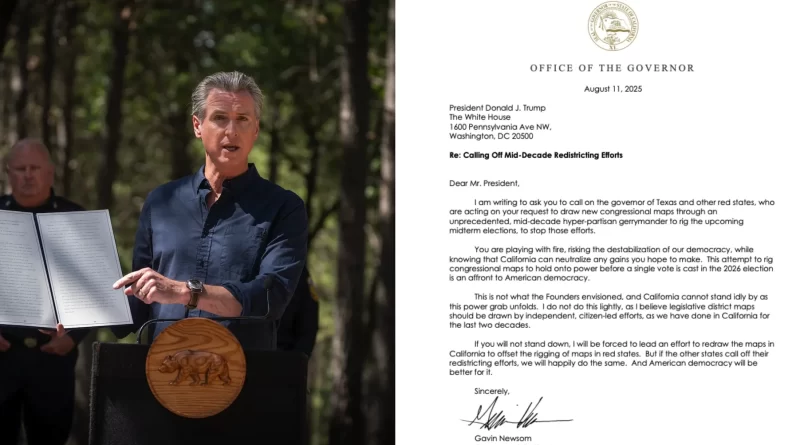 Gavin Newsom, gobernador de California, confronta a Trump por gerrymandering en estados republicanos.📸 Gavin Newsom-The Border Reports