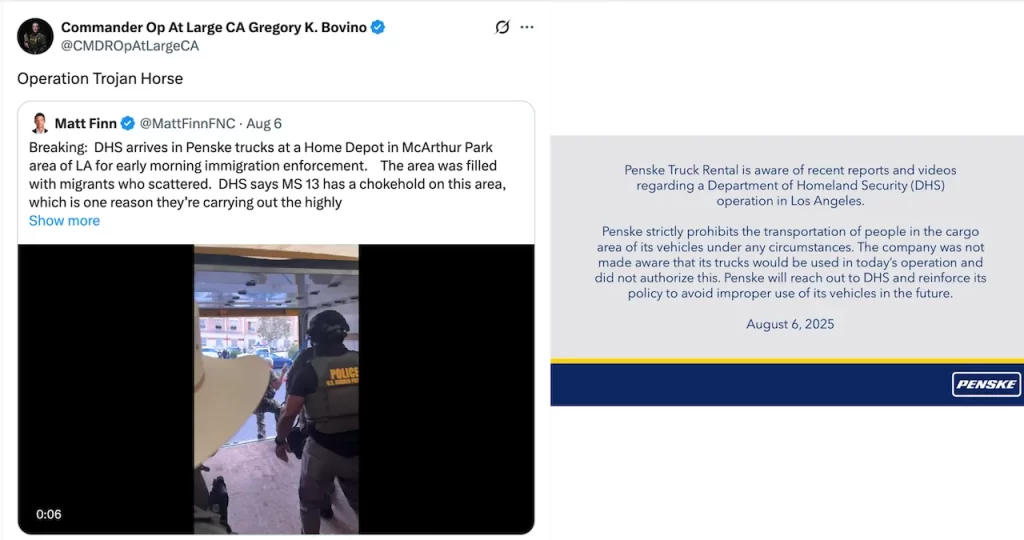 Operación Caballo de Troya en Los Ángeles por ICE y Border Patrol; esconden agentes en remolques para sorprender y detener migrantes. 📸 Gregory Bovino X post Bill Melugin-The Border Reports