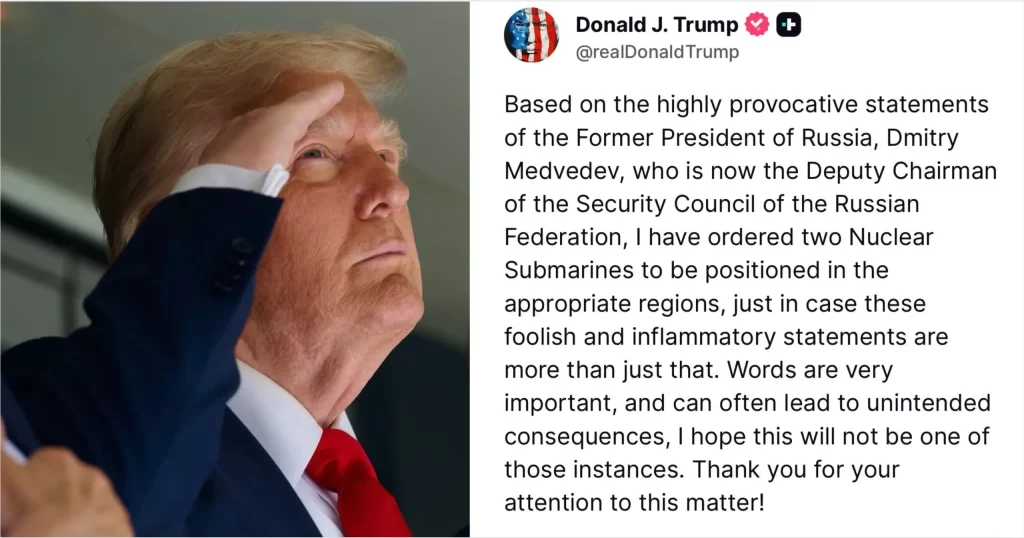 Trump despliega submarinos nucleares ante provocaciones de Rusia.📸 WH-The Border Reports