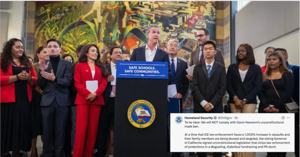 Gavin Newsom firma leyes contra ICE en California; DHS responde que no las acatará. 📸 California Government- The Border Reports
