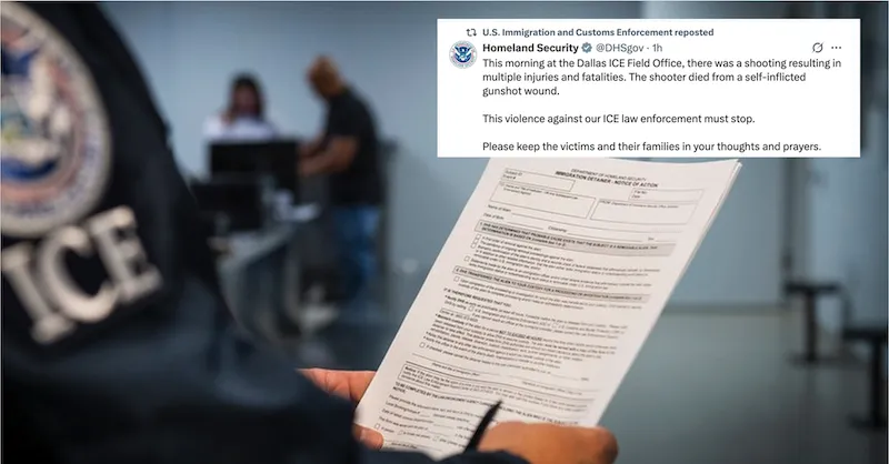 Tiroteo en ICE Dallas, un muerto y dos heridos en ataque armado por francotirador suicida. 📸 ICE-The Border Reports
