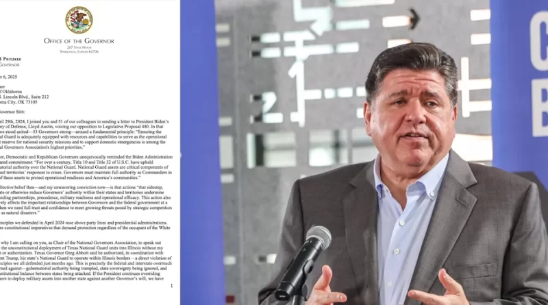 Pritzker pide a Gobernadores condenar despliegue militar de Texas en Illinois. 📸 Pritzker-The Border Reports