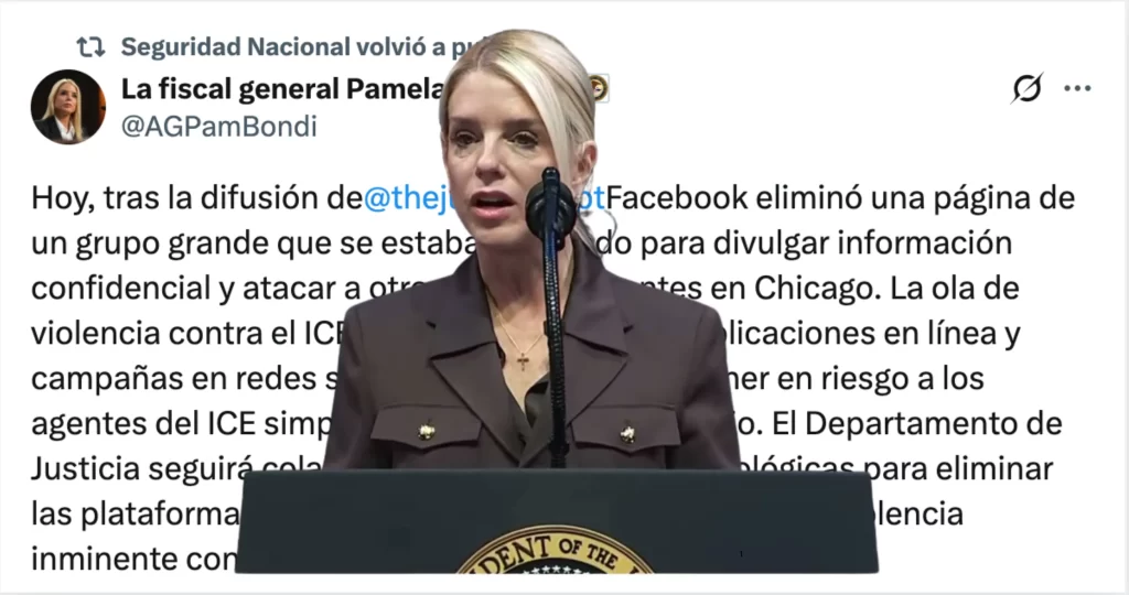 Eliminan grupo en Facebook que exhibía agentes de ICE en Chicago, confirma Pam Bondi.📸 DHS X-The Border Reports