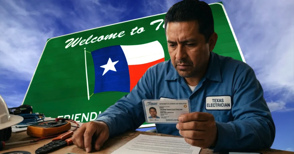 Trabajador en Texas revisando requisitos de licencia profesional del TDLR.