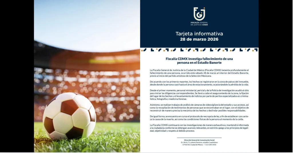 Tragedia en la CDMX, un aficionado muere tras caer de la zona VIP del Estadio Banorte previo al México vs Portugal. canva-FCDMX-The Border Reports