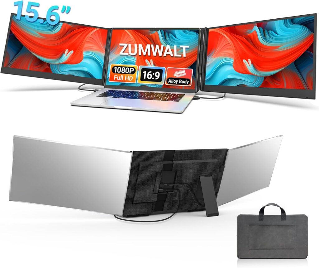 Potencia tu espacio de trabajo con esta configuración portátil de tres monitores. Perfecta para mantener la productividad estés donde estés e ideal para ampliar tu espacio de pantalla.