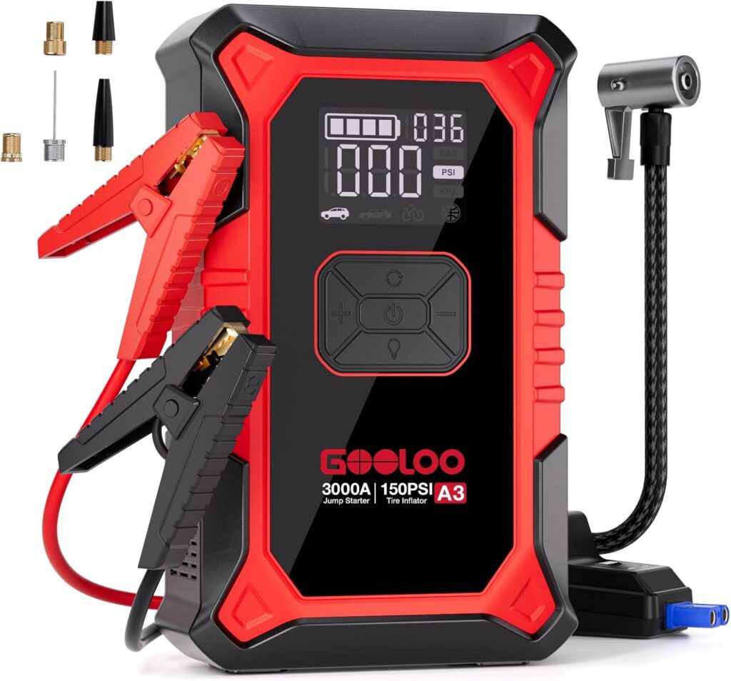 Prepárate para la carretera con este potente combo de arrancador y compresor de aire. ¡Ideal para situaciones de emergencia en el camino!
