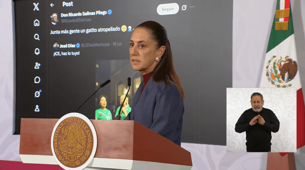 La Presidenta Claudia Sheinbaum critica al empresario Ricardo Salinas Pliego por compartir publicación contra migrantes. pic-Gobmx-The Border Reports