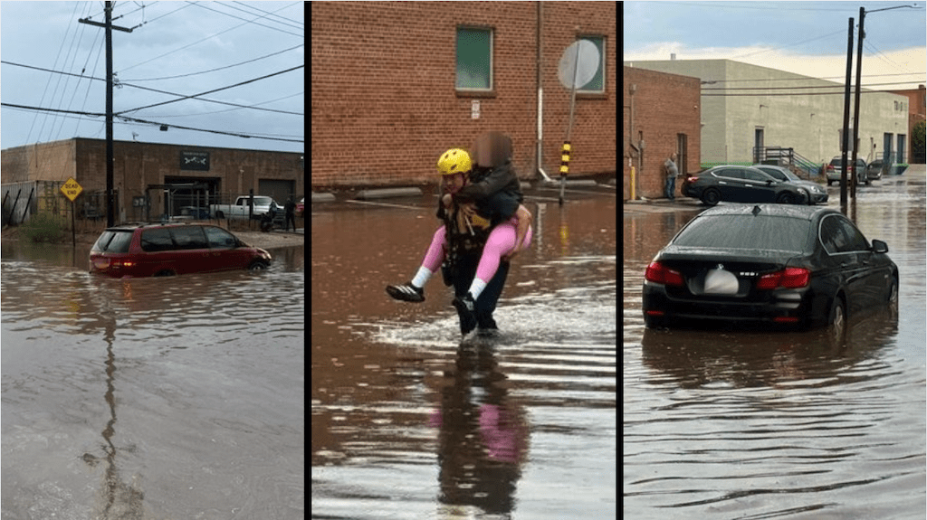 Bomberos de Tucson ayudan a la comunidad afectada por las lluvias, este lunes hubo tres casos de vehículos atrapados en inundaciones. pic-TFD-The Border Reports